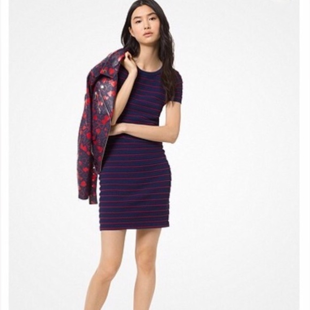 MICHAEL Michael Kors Ruffled Stripe Stretch-Viscose Dress